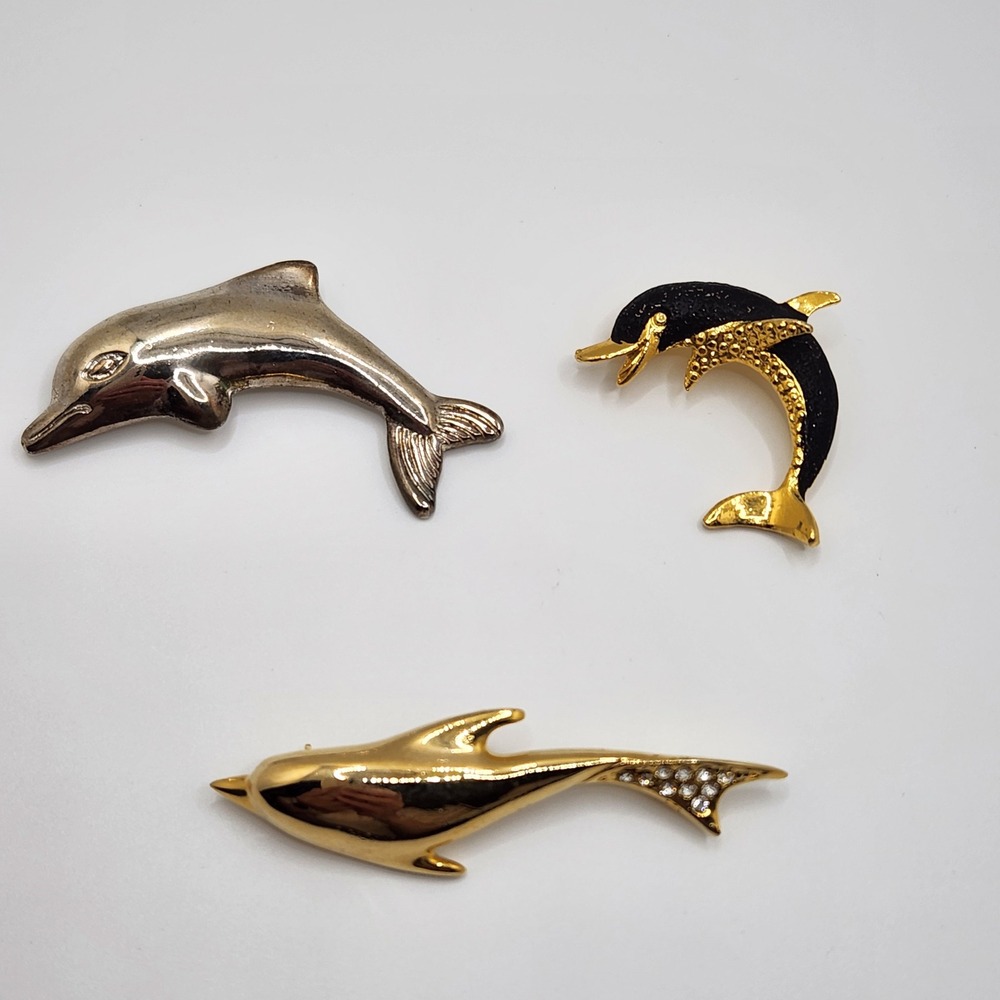 Vintage Dolphin Brooch Pin Set 3pc‎ Gold Silver Black Enamel Rhinestone Nautical